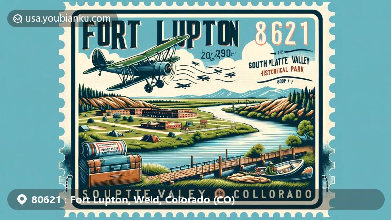 Modern illustration of Fort Lupton, Weld County, Colorado, showcasing scenic view with South Platte River, reconstructed Fort Lupton, outdoor activities, vintage aero museum plane, and ZIP code 80621.