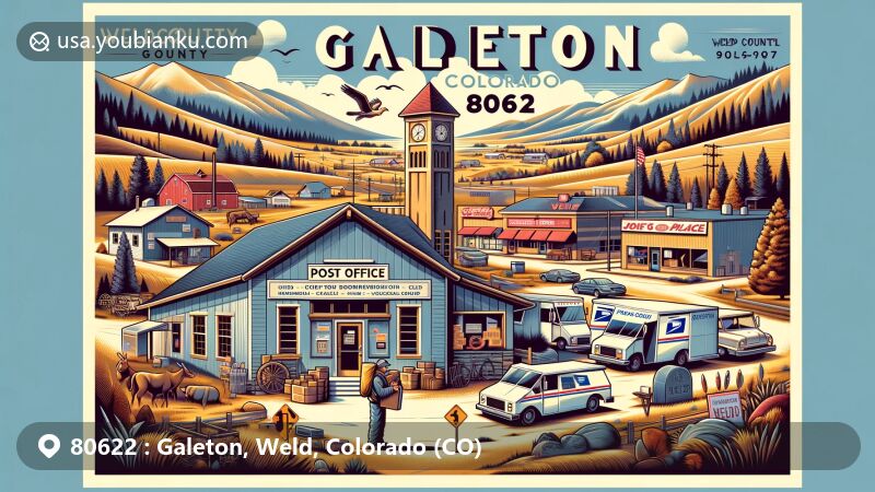 Modern illustration of Galeton, Weld County, Colorado, featuring ZIP code 80622, showcasing scenic view of the unincorporated community against peaceful countryside, highlighting postal theme and local outdoor activities like camping, fishing, hiking, and biking.