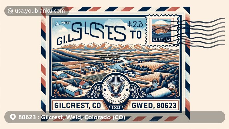 Modern illustration of Gilcrest, Weld County, Colorado, representing postal theme with ZIP code 80623, highlighting diverse community demographics, local geography, and postal symbols.