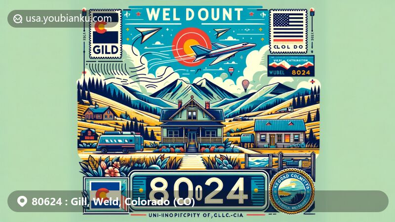 Modern illustration of Gill, Weld County, Colorado, highlighting postal theme with ZIP code 80624, featuring scenic view, rural life, and Colorado state symbols.