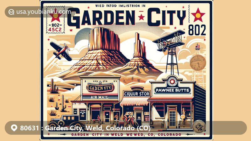 Modern illustration of Garden City, Weld County, Colorado, featuring iconic Pawnee Buttes, stylized saloon facade, air mail envelope, vintage postage stamp, postmark 'Garden City, CO 80631,' and subtle Colorado state flag references.