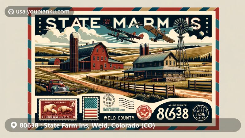 Modern illustration of State Farm Ins area in Weld County, Colorado, showcasing local agriculture and ranching heritage, with postal theme and ZIP code 80638.