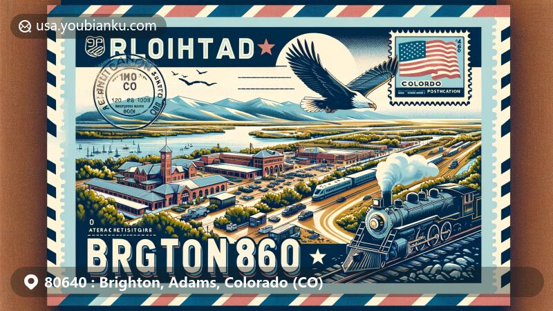Modern illustration of Brighton, Adams, Colorado, featuring the 80640 ZIP code area with Barr Lake State Park, historic train depot, and Colorado state flag, along with postal elements like vintage stamp and mail truck.