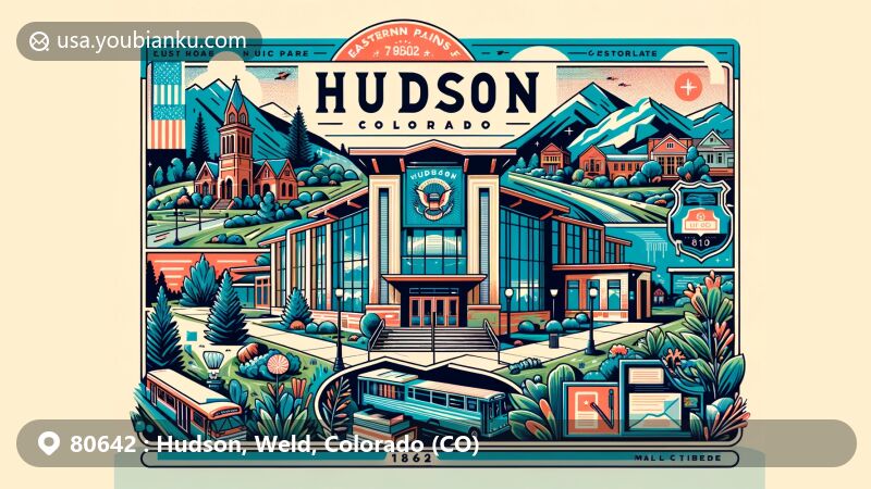 Modern illustration of Hudson, Weld County, Colorado, featuring the Hudson Public Library as a central hub since 1951, Eastern Plains landscape, and postal themes like ZIP code 80642, stamp, envelope, and postmark.