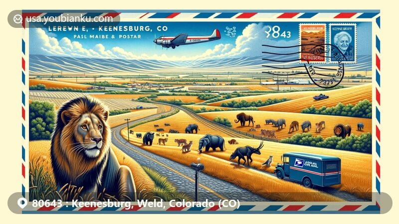Modern illustration of Keenesburg, Colorado, featuring postal theme with ZIP code 80643, showcasing farmlands and Wild Animal Sanctuary with lions, tigers, and bears. Includes airmail envelope, stamp, and postal truck.