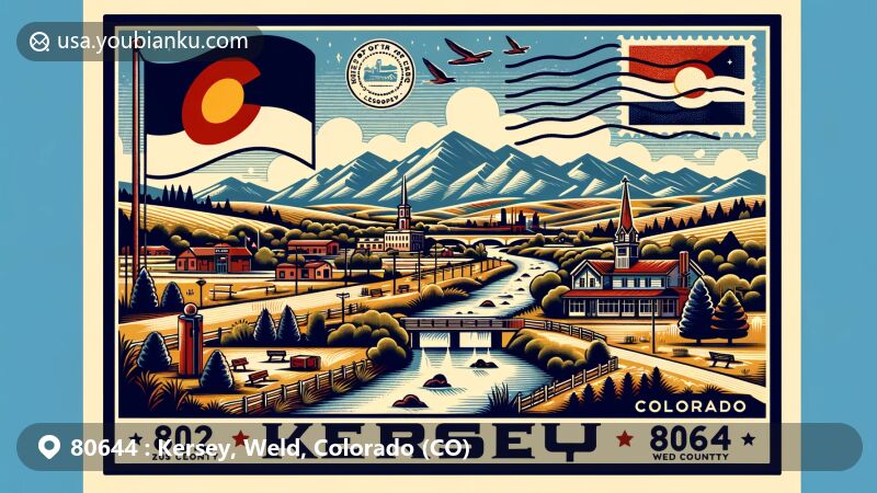 Modern illustration of Kersey, Weld County, Colorado, showcasing small-town charm and natural beauty, featuring the South Platte River, Kersey Community Center, and Colorado mountains.