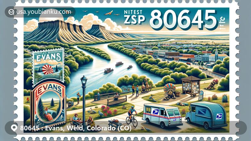 Modern illustration of Evans area, Weld County, Colorado, featuring ZIP code 80645, highlighting South Platte River and Pawnee Buttes, vibrant community scene with picnicking families, cyclists, and local wildlife, incorporating postal theme with vintage stamp design, old mailbox, and mail delivery van.