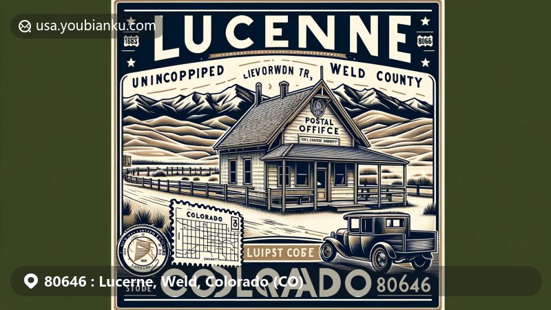 Modern illustration of Lucerne, Weld County, Colorado, highlighting postal theme and natural beauty with ZIP code 80646, featuring Rocky Mountains in the background and the post office as a central element.
