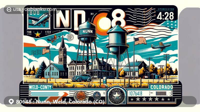 Modern illustration of Nunn, Weld County, Colorado, showcasing postal theme with ZIP code 80648, featuring Nunn Water Tower and Colorado state symbols.