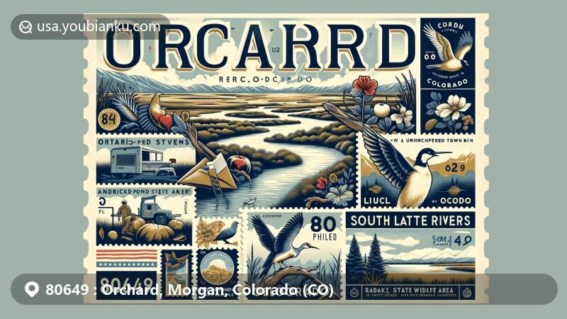 Modern illustration of Orchard, Colorado, featuring ZIP code 80649, emphasizing the town's unincorporated charm and surrounding natural beauty like the South Platte River, Andrick Ponds State Wildlife Area, and Jackson Lake State Park.