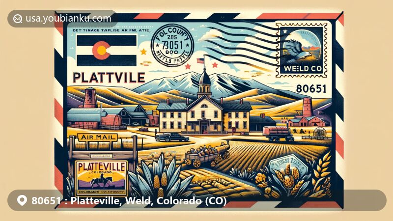 Vintage-style illustration of Platteville, Weld, Colorado, depicting air mail envelope with Fort Vasquez, Colorado flag, Weld County outline, and agricultural scenes.