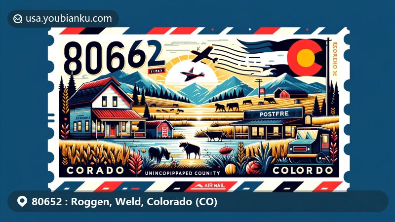 Modern illustration of Roggen, Weld County, Colorado, with postal theme for ZIP code 80652, featuring state symbols, rural landscape, and agricultural elements. Highlights include Roggen post office and outdoor activities like hiking and fishing.