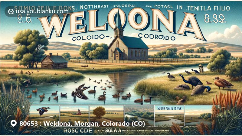 Modern illustration of Weldona, Morgan County, Colorado, capturing rural and agricultural landscape with historic church, local wildlife, and South Platte River, integrating postal heritage through vintage postcard design.