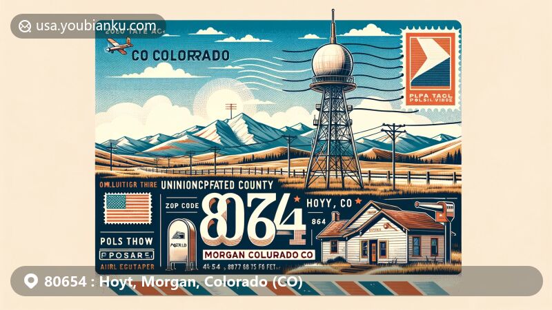 Modern illustration of Hoyt area, Morgan County, Colorado, showcasing Hoyt Radio Tower, mountains, open fields, rural charm, elevation of 4,774 feet, vintage postcard design with airmail envelope aesthetic, stamps, 'Hoyt, CO 80654' postmark, old-fashioned mailbox.