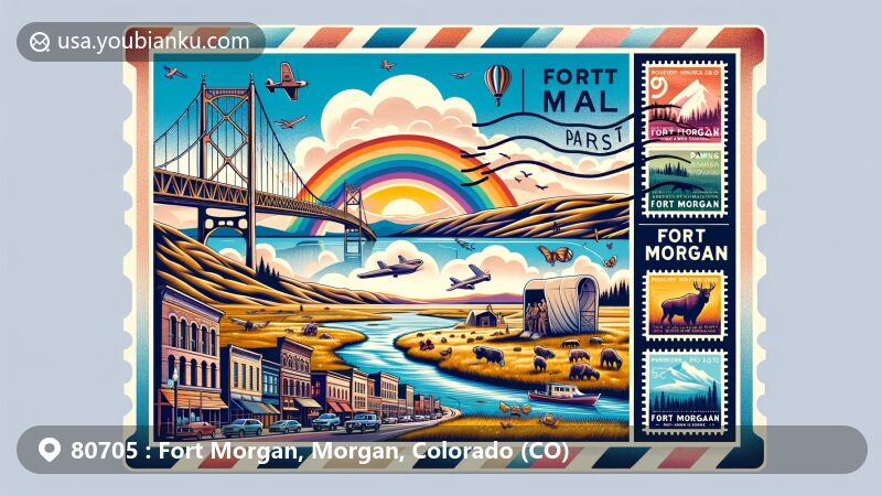 Modern illustration of Fort Morgan, Colorado, highlighting local landmarks like Rainbow Bridge, Pawnee National Grasslands, and Main Street, integrated into a postal-themed design with vintage air mail envelope.