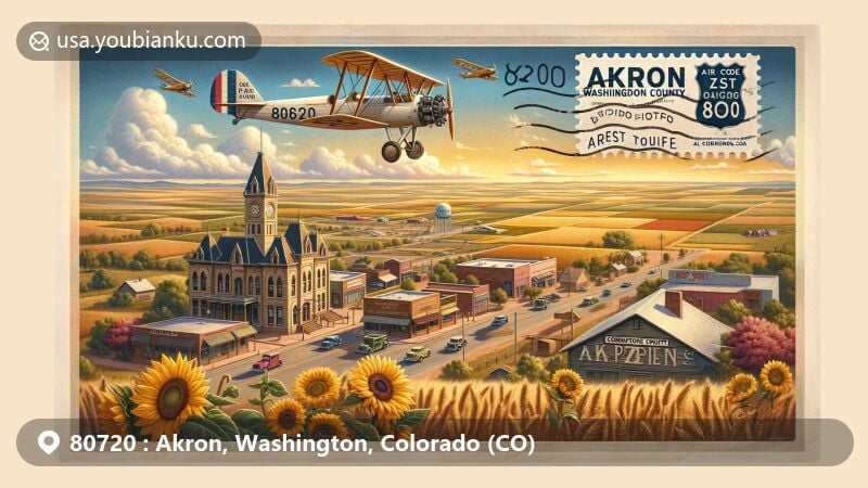 Modern illustration of Akron, Washington County, Colorado, showcasing agricultural significance and historical landmarks on a vintage airmail envelope, including main street businesses, the Washington County Courthouse, and iconic Colorado symbols, all encapsulating ZIP code 80720.