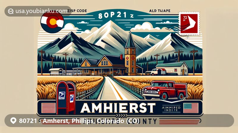 Modern illustration of Amherst, Colorado, highlighting ZIP code 80721 and scenic beauty, featuring mountainous landscape, rural fields, post office, and Colorado state flag.