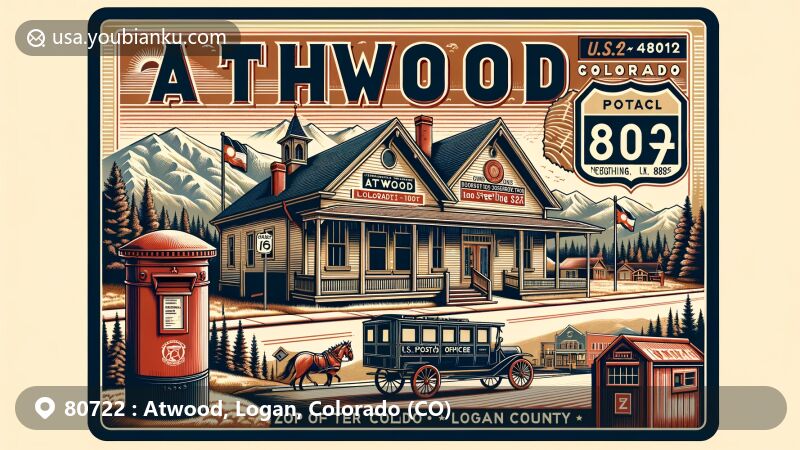 Modern illustration of Atwood, Colorado, showcasing Rocky Mountain landscapes against U.S. Route 6 backdrop, highlighting postal theme with vintage post office, red postal box, and carriage, featuring ZIP code 80722 and Colorado state flag.
