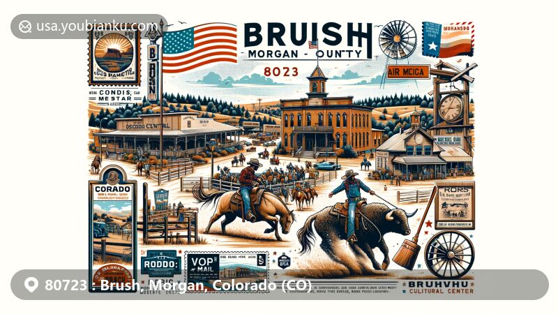 Modern illustration of Brush, Morgan County, Colorado, with ZIP code 80723, featuring historic downtown, Brush Museum, Brush Rodeo, and Colorado's natural beauty. Incorporates cowboy and cowgirl elements with vintage postcard design and postal theme.