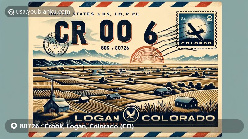 Modern illustration of Crook, Logan County, Colorado, highlighting ZIP code 80726, featuring rural landscape and climate data from cold winters to hot summers, enclosed in a vintage air mail envelope with Colorado state flag and Logan County outline.