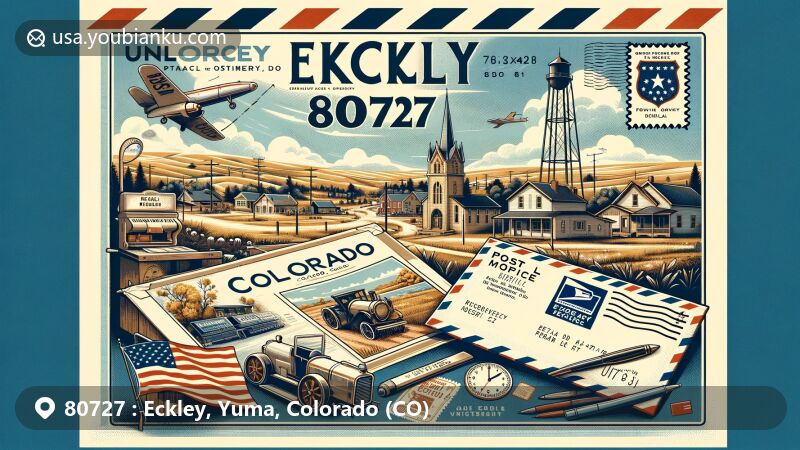 Modern illustration of Eckley, Colorado, showcasing postal theme with ZIP code 80727, featuring small-town charm, Colorado state flag, air mail envelope, and post office homage.