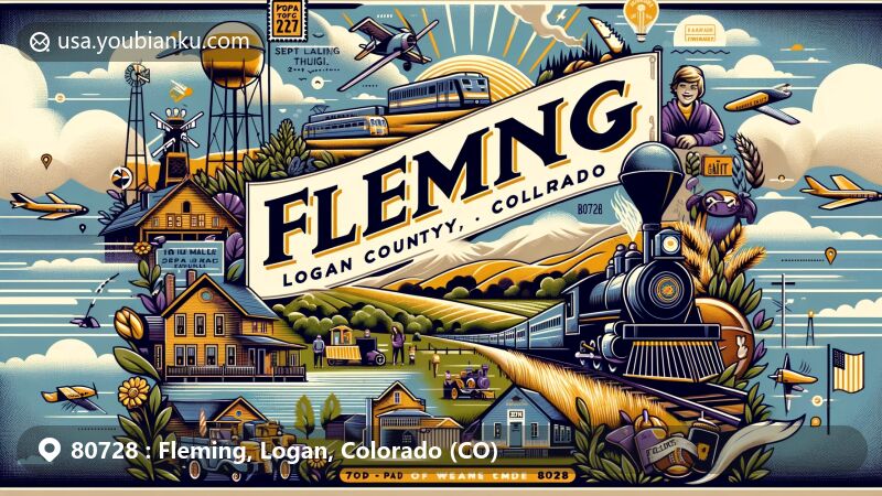 Modern illustration of Fleming, Logan County, Colorado, showcasing postal theme with ZIP code 80728, featuring rural landscape, community spirit, and Fleming Wildcats sports team.