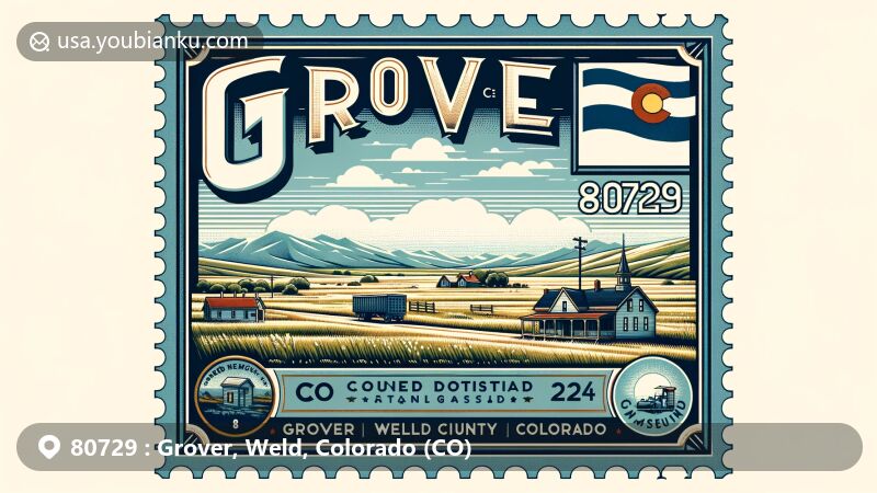 Modern illustration of Grover in Weld County, Colorado, featuring Pawnee National Grassland, County Road 120 3/4, Grover Depot Museum, vintage postal elements, and Colorado state flag.