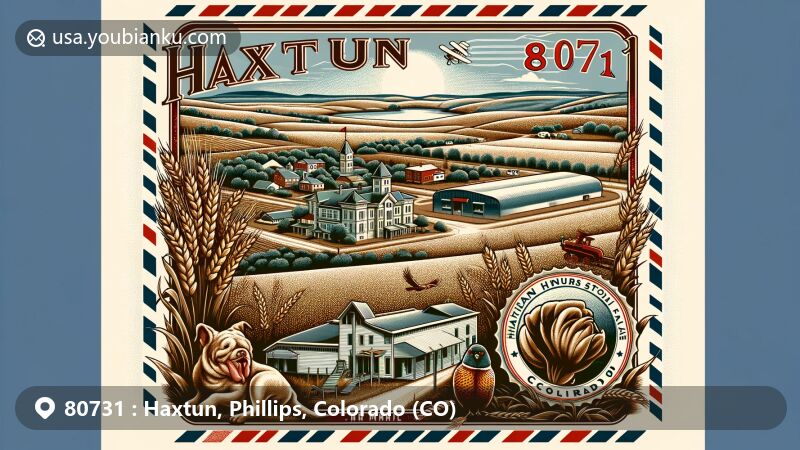 Modern illustration of Haxtun, Phillips County, Colorado, showcasing community spirit and agricultural heritage of the town with farmlands producing wheat and corn, outdoor activities at reservoirs, wildlife like pheasants, and Haxtun Bulldogs representing school sports success.