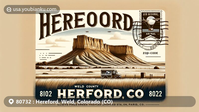 Modern illustration of Hereford, Weld County, Colorado, showcasing unique geographical features with Pawnee Buttes, vintage air mail envelope, and Colorado state flag, emphasizing the area's natural beauty and postal heritage.