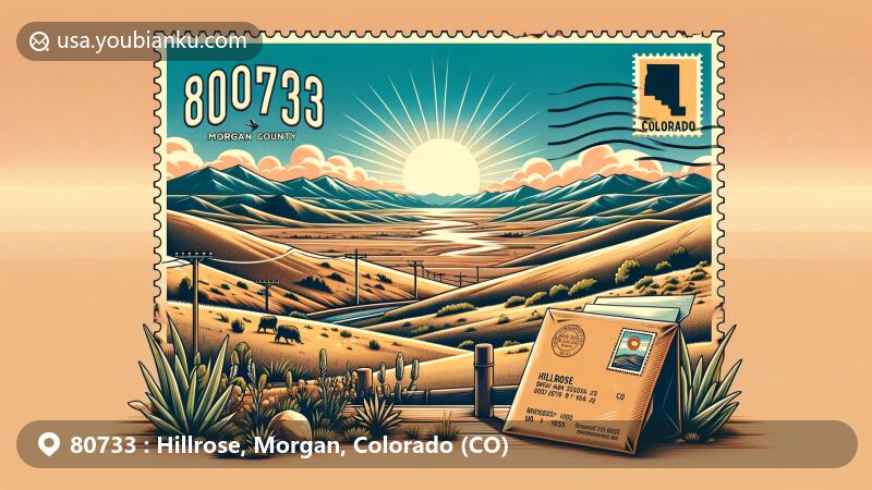 Modern illustration of Hillrose, Morgan County, Colorado, showcasing semi-arid landscape with gentle hills and sparse vegetation under clear sky, featuring Colorado state flag and vintage postal theme with ZIP code 80733.