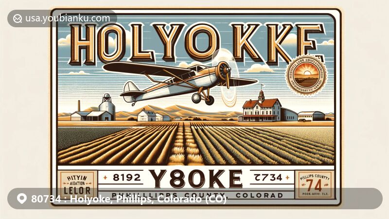 Modern illustration of Holyoke, Phillips County, Colorado, featuring ZIP code 80734 and vintage aviation-style envelope with custom postage stamp of Phillips County Museum.