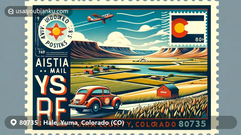 Modern illustration of Hale, Yuma County, Colorado, featuring postal theme for ZIP code 80735, highlighting expansive plains, Hale Ponds reservoir, and vibrant Colorado landscapes.