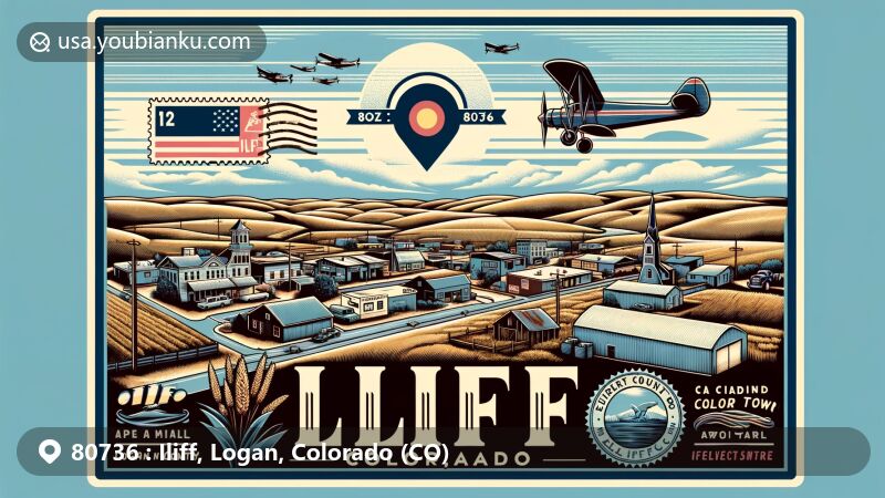 Modern illustration of Iliff, Logan County, Colorado, capturing postal themes with vintage air mail elements and ZIP code 80736, set against the backdrop of Colorado's plains and featuring the town name and state flag.