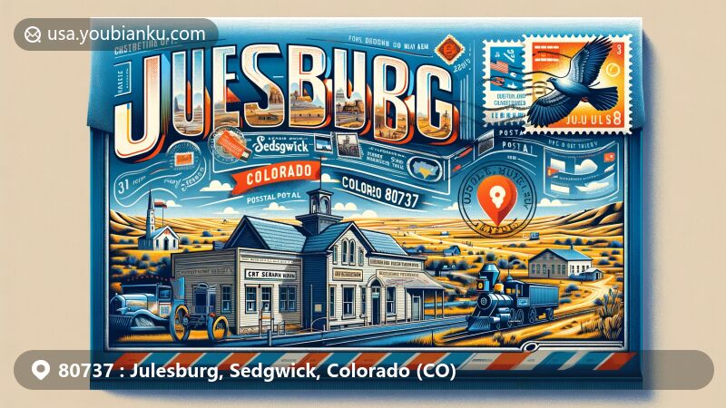 Modern illustration of Julesburg, Colorado, featuring postal and historical elements, showcasing Fort Sedgwick Museum and Depot Museum, with a vintage postal envelope, stamps, and a postmark reading 'Julesburg, CO 80737'. Includes a stylized map of Colorado marking Julesburg's location.
