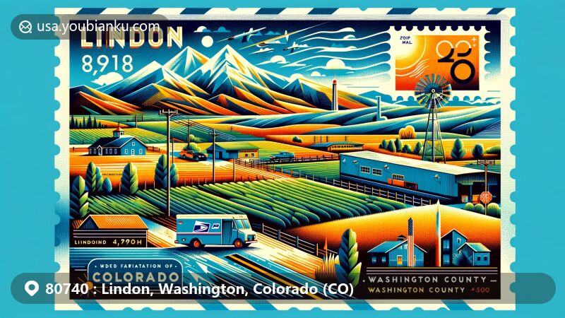 Modern illustration of Lindon, Colorado, showcasing the cold semi-arid climate and high elevation of 4,918 feet, incorporating postal elements like a vintage stamp with ZIP code 80740, a postal truck, and a rural setting.
