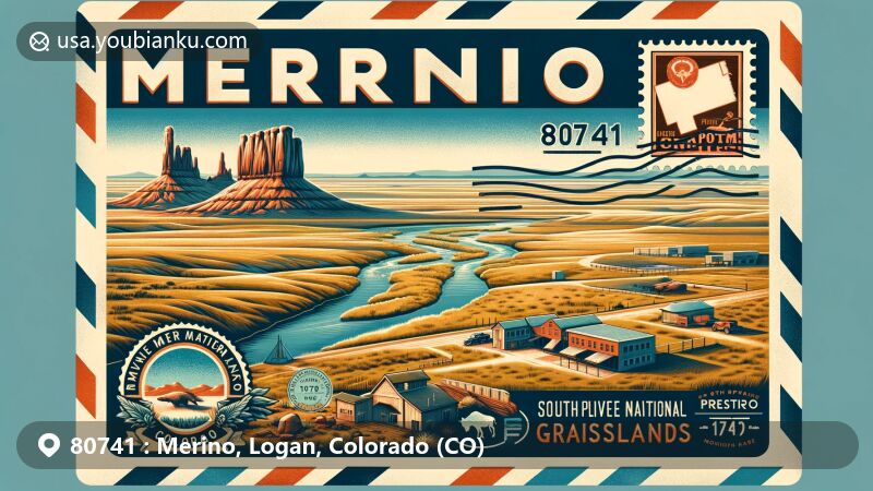 Modern illustration of Merino, Colorado showcasing postal theme with ZIP code 80741, featuring Pawnee National Grasslands, South Platte River, Prewitt Reservoir, and vintage postal elements.