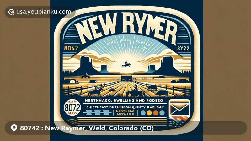 Modern illustration of New Raymer, Colorado, showcasing Pawnee National Grassland with Pawnee Buttes, Northeast Weld County Fair and Rodeo, vintage train elements, air mail envelope with 80742 stamp, and Minuteman Missile site.