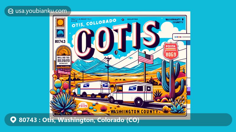 Modern illustration of Otis, Washington County, Colorado, capturing the essence of ZIP code 80743, featuring semi-arid climate, postal motifs like stamps and postmarks, and a depiction of the mail vehicle.