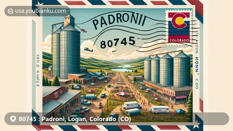 Modern illustration of Padroni, Logan County, Colorado, featuring grain silos, Colorado state flag elements, and community Fourth of July celebration, surrounded by postal theme details like stamp, postmark, and airmail envelope.