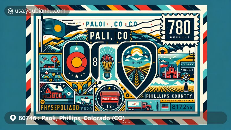 Modern illustration of Paoli, Phillips County, Colorado, depicting ZIP code 80746 with Colorado state flag, Phillips County silhouette, and rural symbols.