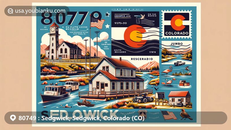 Modern illustration of Sedgwick, Colorado, showcasing postal theme with ZIP code 80749, featuring Sedgwick Jail House Museum, South Platte River, and Jumbo Reservoir, along with Colorado state symbols.