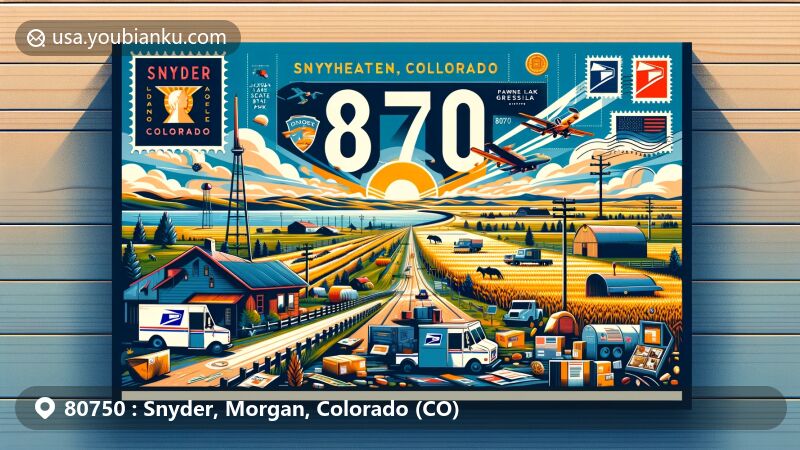 Modern illustration of Snyder, Colorado, featuring ZIP Code 80750, showcasing northeastern Colorado's plains and elements of agriculture and rural life, incorporating Jackson Lake State Park and Pawnee National Grassland.
