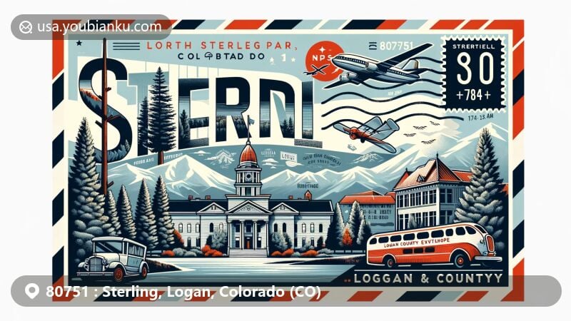 Modern illustration of Sterling, Logan County, Colorado, featuring North Sterling State Park, Overland Trail Museum, Bradford Rhea tree sculptures, and Logan County Courthouse, with vintage air mail envelope design and postal elements.