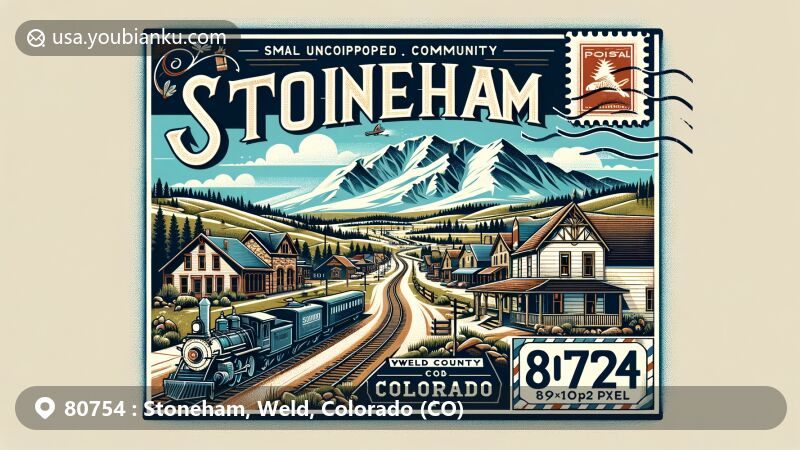 Modern illustration of Stoneham, Weld County, Colorado, highlighting postal theme with ZIP code 80754 and historical connection to Chicago, Burlington, and Quincy Railroad, featuring scenic beauty of Colorado with Rocky Mountains in background.