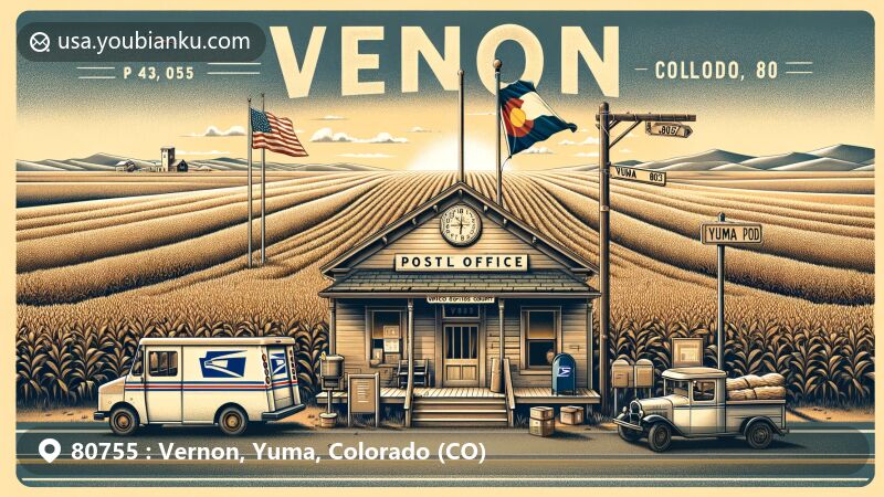 Modern illustration of Vernon, Yuma County, Colorado, showcasing agricultural charm and ZIP code 80755, featuring post office and rural landscape with Colorado state flag.