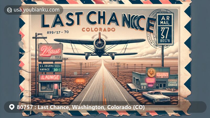 Modern illustration of Last Chance, Washington County, Colorado, showcasing vintage aviation-themed air mail envelope with iconic intersection of U.S. Highway 36 and State Highway 71, neon signs, prairie landscape, Washington County outline postage stamp, Colorado state flag, and Last Chance postmark.