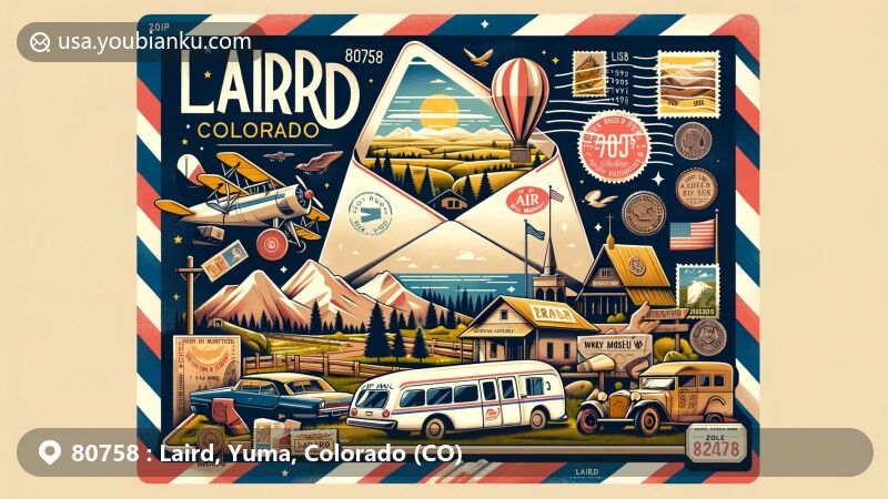 Creative illustration of Laird, Yuma County, Colorado, embodying postal theme with vintage air mail envelope, postage stamps, and iconic symbols like low elevation landscape and Wray Museum artifacts.