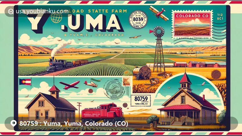 Modern illustration of Yuma, Yuma County, Colorado, featuring agricultural landscape with historical school buildings, farming tools, and railway cars, highlighting Yuma Irrigation Research Farm and innovative agricultural techniques in a picturesque postcard or airmail envelope format, incorporating stamps, postal marks ('80759 Yuma, CO'), and agricultural symbols, seamlessly integrating Colorado state flag and Yuma County outline into the background or border, emphasizing local identity.
