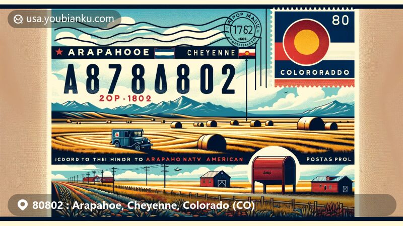 Modern illustration of Arapahoe, Cheyenne, Colorado, for ZIP code 80802, featuring hayfields, Arapaho Native American culture, vintage postcard theme, air mail elements, postal icons, and Colorado state flag.
