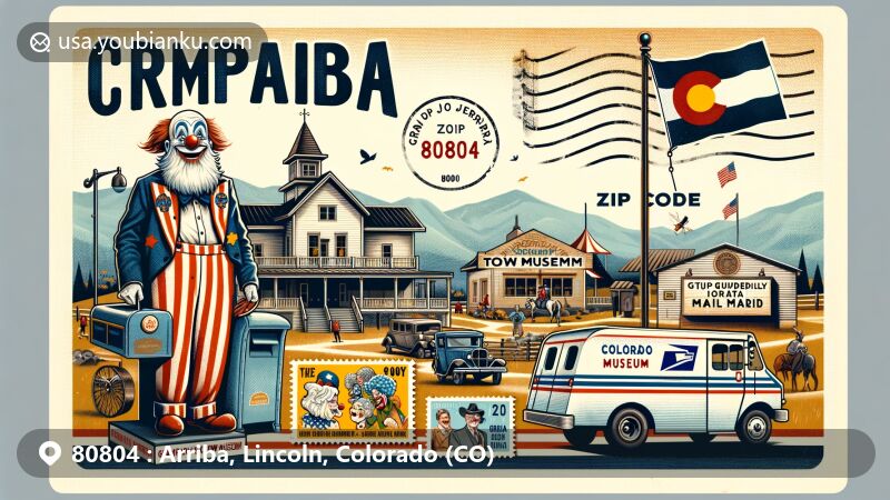 Modern illustration of Arriba, Colorado, showcasing postal theme with ZIP code 80804, featuring Grampa Jerry's Clown Museum and town museum against a backdrop of the Colorado state flag.